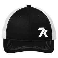Load image into Gallery viewer, Black/ White Snapback Trucker Hat with White 7k Logo